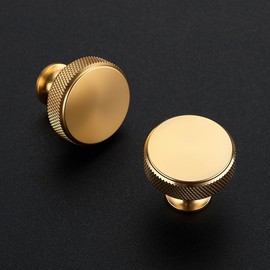 Ravinte 30 Pack Round Gold Knobs Knurled Single Hole Pulls Solid Brushed Brass Kitchen Cabinet Hardware Handles for Drawers