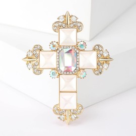 Baroque Cross Rhinestone Brooch Pin For Women Vintage Statement White Square Cabochon Crystal Center Coat Sweater Scarf Accessory (Gold)