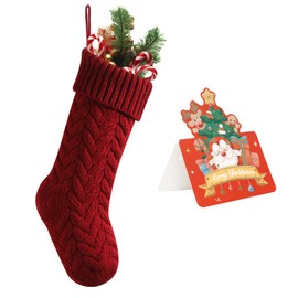 meioro Christmas Stockings with Greeting Card, 46cm/18in Large Size Cable Knit Christmas Stocking, Fireplace Hanging Xmas Stocking for Holiday Family Party Festival Decorations(Red, 1 Pack)