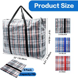 Seuqhck 9 Pack 70L Checkered Moving Storage Bags, Large Travel Plaid Bag for Storage Box with Zipper, Heavy Duty Laundry Tote Organizer with Handle for Cloths, Pillow, Bedding, Red, Blue, Black
