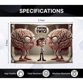 3x5 Feet Polyester Single Sided Flag with 4 Brass Grommets - Design in Beige Tones with the Quote - Think Twice a Man Between Two Big Brains with Evil Faces - Intellectual Motives with Humor in Design