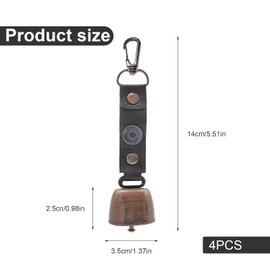 HASLED Pack of 4 Cowbells with Carabiner - Metal & Leather | Outdoor Bell for Hiking & Decoration | Magnetic Mute Switch