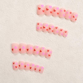 Valentine's Day Press on Nails Short Square Valentines Day Fake Nails With Red Pink Heart Designs Romantic False Nails Matte Glue on Nails Full Cover Artificial Stick on Nails for Women 24 Pcs