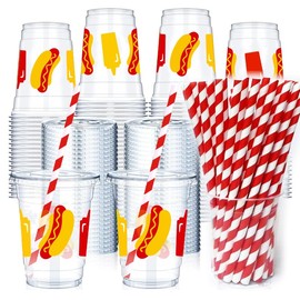 JarThenaAMCS 50Pcs Hot Dog Plastic Cups with Lids Straws Drinking Cup 12oz Red Yellow Hotdog Sauce Food Theme Disposable Cups for Baby Shower Birthday Party Decoration