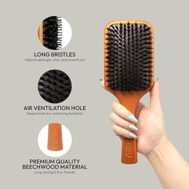 RED - Cepillo desenredante de madera 100% de hoja perenne de alta calidad, pala de cerdas de jabalí con cerdas largas para cabello grueso, rizado, fin