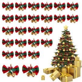 Bliceon 25pcs Christmas Bow with Bells, Mini Christmas Tree Bows, Xmas Wreaths Bows, Ornaments New Year Festive, Red Green Gold Xmas Ornaments, Christmas Decorative Bows Fabric Hanging Decorations
