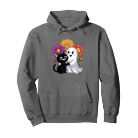 Adorable Ghost And Cat With Flowers Pullover Hoodie