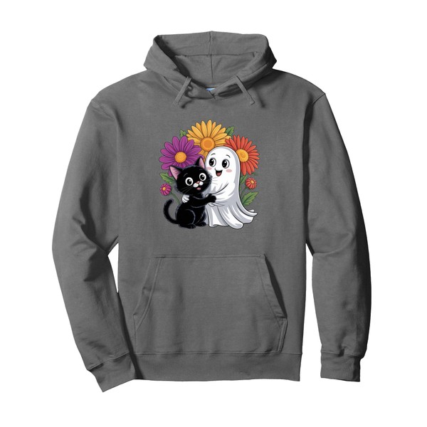 Adorable Ghost And Cat With Flowers Pullover Hoodie