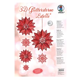 Ursus 33750000 Glitter Star 3D Estelle Red, Material for 3 Stars, in Various Sizes, Includes Star Accessories and Craft Instructions, Ideal for Christmas Crafts