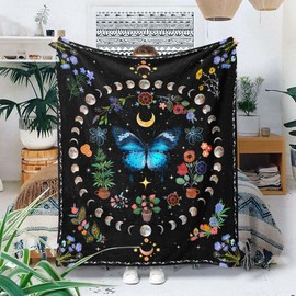 Lifeel Blue Butterfly Throw Blanket, Moon Phase Moth Floral Plant Aesthetic Blankets for Sofa Bed Couch Chair Bedroom Throws 68×90 inch
