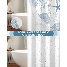 Xiazhilaio No Hook Shower Curtain with Snap in Liner Set - Sea Seashells, Starfish & Coral Print Shower Curtains for Coastal Nautical Ocean Bathroom, Waterproof Bath Curtain with Mesh Top, 71x74 Inch