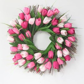 Tulip Wreath for Front Door, 18 Inch Spring Pink Tulip Flower Wreath with Green Leaves Wreaths for All Seasons Window Wall Wedding Valentines Day Decorations Indoor Outdoor