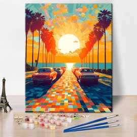 TISHIRON Car DIY Paint by Numbers Kit Adults, Sunset Scenery Adult Paint by Numbers Kits, Seaside Paint by Numbers on Canvas for Gift Home 40 x 50 cm (Frameless)