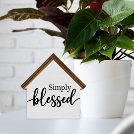 Blessed Signs for Home Decor, Simply Blessed House Shaped Wood Sign, Rustic Farmhouse Home Living Room Decor for Desk Table Shelf