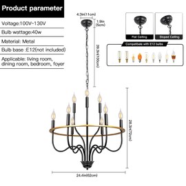 SEEBLEN Black Wagon Wheel Chandelier for High Ceilings,Farmhouse Chandelier for Dining Room Height Adjustable,r for Hallway Living Room Foyer,E12 Bulb.