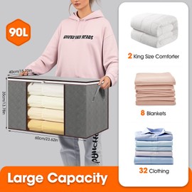 10 Pack Clothes Storage Bags 90L Foldable Storage Containers Closet Organizers and Storage with Clear Window and Reinforced Handles Blanket Storage Bags Clothes Bins for Closet Bedding Comforter