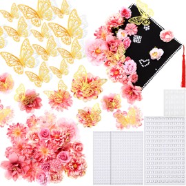 Knitgrip 2025 Graduation Cap Decoration Kit Include Assorted Flowers Heads 3D Butterfly Stickers Glitter Adhesive Pearl Grad Cap Decors for DIY Grad Hat Topper Craft Art Decors Party Supplies (Pink)