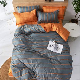 Treer Bed Linen 180 x 220 cm 3-Piece Microfibre Bed Linen Sets with 2 Pillowcases 50 x 75 cm, Modern Striped Checked Duvet Covers, Duvet Cover for Double Bed with Zip, Orange/Grey