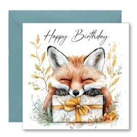 Watercolour Style Fox Happy Birthday Greetings Card - Inside reads: Have an Amazing day - Includes Deep Teal Coloured Envelope - Made in the UK