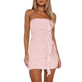 HYPERFIRE Women's Elegant Strapless Tube Ruched Bodycon 3D Flower Tassels Mini Dress Party Cocktail Dresses Pink X-Small