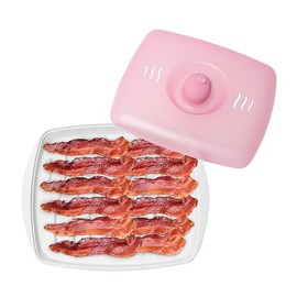Joie Piggy Microwave Bacon Grooved Cooking Tray with Splatter Lid, Holds 4-5 Strips of Bacon, Easy to Clean, Convenient Kitchen Tool, BPA-Free, Dishwasher Safe