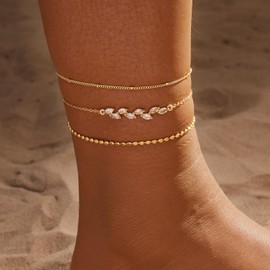 MIDEEO Gold/Silver Ankle Bracelets for Women,14K Gold Anklets for Women Waterproof Cuban Link Heart Beads Herringbone Rhinestone Anklets Set Layered Anklet Bracelets for Women Gold Jewelry Gift