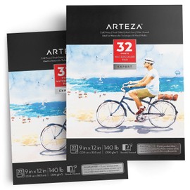 Arteza 9x12in Cold Press 140lb Watercolor Paper Pad, Pack of 2 (32 Sheets Each)