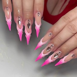 RUOKEXIN Long Stiletto Press on Nails French Tip Fake Nails 3D Pink Ombre False Nails with Rhinestones Designs Glossy Glue on Nails Extra Long Artificial Nails Natural Stick on Nails for Women 24Pcs