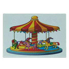 Lunarable Cartoon Cutting Board, Carousel Horses Merry Go Round Amusement Park Roundabout Playground Print, Decorative Tempered Glass Cutting and Serving Board, Small Size, Multicolor