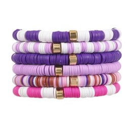 COLORFUL BLING 6Pcs/Set Bohemia Heishi Clay Surfer Bead Stretch Bracelets Vinyl Disc Polymer Stackable Layering Bracelet Set Preppy Summer Beach Jewelry for Women-purple