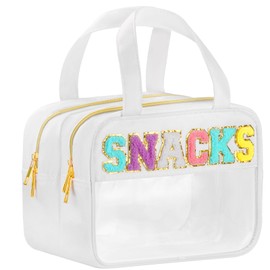 BuyCard Chenille Letter Clear Makeup Bags, Clear Snacks Bag for Travel, Preppy Patch Nylon Cosmetic Bag with Handles and Zipper, Waterproof Large Clear Travel Toiletry Bag Storage Bag for Women White
