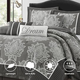 LANCO MODERN LIFESTYLE Grey King Size Comforter Set 7 Pieces, Jacquard Woven with Damask, Bedding Set in a Bag Includes Comforter, Bed Skirt, Pillow Shams, and Decorative Pillows