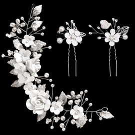 ZOCONE Bridal Flower Hair Accessories Silver Crystal Headband Flower Leaf Headpiece Pearl Hair Accessories Bridal Hair Pins Hair Pins Wedding for Women and Girls Bridal Hairstyle (A)