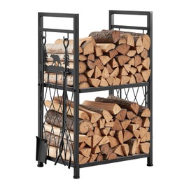 VEVOR VEVOR Indoor Firewood Rack, 1.3 ft 2-Tier Firewood Holder with Fireplace Tools, Brush, Shovel, Poker, Tongs, Heavy Duty Log Wood Rack, 400 lbs Weight Capacity, Wood Pile Storage Stacker for Fire Pit