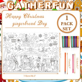 HOWAF Christmas Gingerbread Coloring Poster with 24 Paint Pens, Giant Merry Christmas Paper Coloring Banner Tablecloth Indoor Arts Crafts Activity, Gingerbread House Coloring Table Cover Banner for Xmas Party Supplies