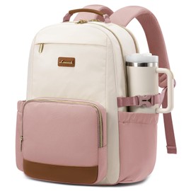 LOVEVOOK Laptop Backpack for Women with Pouch Pocket for Large Capacity Cup,17 Inch Teacher Nurse College Work Backpack Purse,Waterproof Laptop Bag Computer Back Pack for Travel, Beige-Pink-Brown