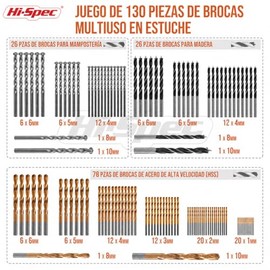 Hi-Spec Juego de Brocas Múltiples de 130 Piezas. Set Brocas de Acero Recubiertas en Titanio HSS. Para Metal, Madera y Piedra. Kit de Herramienta Esencial Para Taladros Electricos. Con Maletín