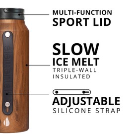 Elemental Iconic Stainless Steel Water Bottle with Straw - 32 oz Leak Proof Triple Wall Insulated Water Bottles for Travel and Sports - Reusable Gym Water Bottle with 2 Straws - Teak Wood