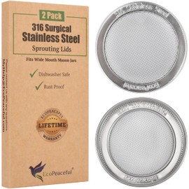 2 Pack ONE-PIECE 316 Surgical Stainless Steel Sprouting Lids for Wide Mouth Mason Jar (Ball Kerr) - One-Piece- Strainer Mesh Lids - Rust-Proof