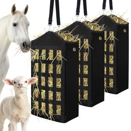 Zcargel 3 Pcs Hay Bags for Horses,Two-Sided Large Slow Feed Hay Bags for Goats,Sheep,Donkey,Large Top Opening with Hook-and-Loop Seals,Easy to Hang with Adjustable Strap (Black)