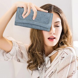 MEITRUE Women's Wallet Leather RFID Blocking Trifold Ladies Purse Embossed long Clutch Card Holder Phone Checkbook Organizer 2214