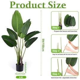 Crowye 4 Pack Artificial Birds of Paradise Plants, 5 ft Tall Faux Travelers Palm with 10 Leaves, Flexible Plastic Pot, Ideal for Indoor or Outdoor Decoration