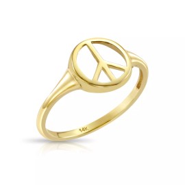TILO JEWELRY 14K Real Solid Yellow Gold Peace Sign Signet Ring Minimalist Promise Band Ring - 6