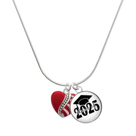 Delight Jewelry Silvertone Striped Red Enamel Heart with Beaded Decoration Script Class of 2025 Dome Charm Necklace, 18"