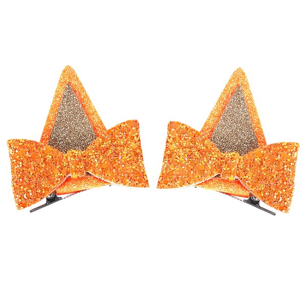 IKUHRMO Ears Hair Clips, 1 Pair Glitter Hair Barrettes for Toddler Girls Birthday Decorations Halloween Costume Cosplay Accessories Party Supplies (Orange)