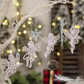 Christmas Ornaments Set of 16 Snowflake Drop Icicle Angel Acrylic Christmas Tree Ornament Hanging Clear Christmas Party New Year Chandelier Crystal Store Entrance Decor with Rope (D)