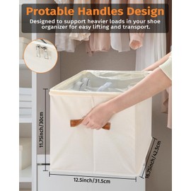 2 Pack Foldable Shoe Organizer for Closet,Fits 12-24 Pairs,Dividers & Clear Cover,Space-Saving Shoe Storage Bins,12 Cell Closet Organizer for Shoe,Clothing,Yoga Pants,T-shirts, and More (Beige)