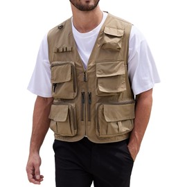Yimoon Men’s Utility Vest Fishing Travel Safari Photo Cargo Vest Outdoor Work Mesh Vest with Pockets Sleeveless Jacket(Khaki-XL)