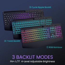 Wireless Keyboard and Mouse Combo- VEILZOR 2.4G Rechargeable Keyboard with Phone Holder, Ergonomic Wrist Rest, 9 RGB Backlit Effects, Silent Keyboard Mouse Set for Windows, Laptop, PC