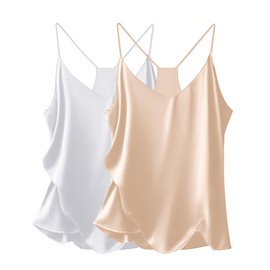 Ekouaer Womens Satin Cami Tops 2 Pack V Neck Silk Camisole Tank Top Spaghetti Strap Racerback Camis Blouse Shirt,Champagne/White,Large